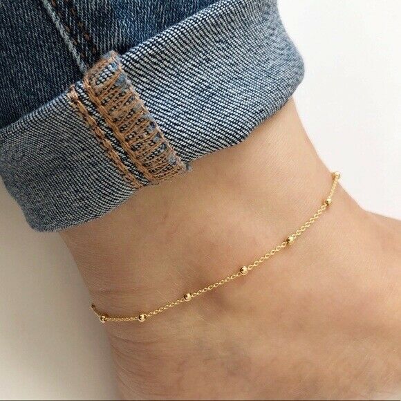 14K Solid White Gold Bead Station Cable Chain Anklet - Yellow 9"-10" adjustable