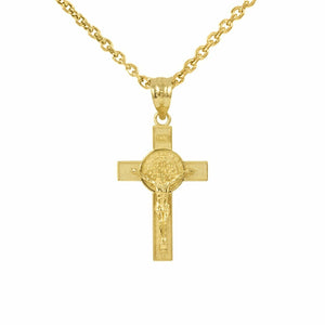 10K Solid Yellow Gold Small Saint St. Benedict Crucifix Cross Pendant Necklace