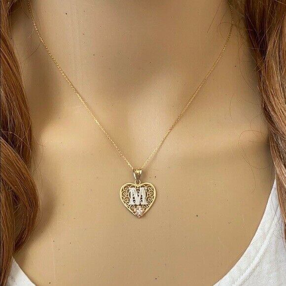 10k Solid Gold Initial Letter T Heart Filigree CZ Pendant Necklace Two Tone
