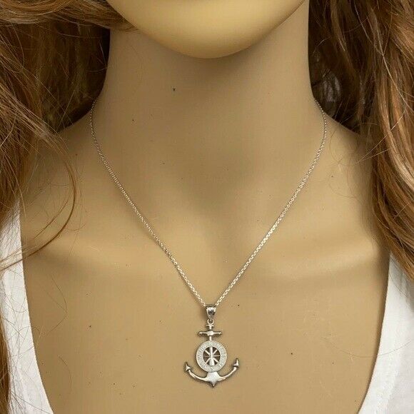 10K Solid Yellow Gold Mariner's Anchor Compass Pendant Necklace