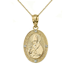 Solid 10k Gold Diamond Engravable Saint Augustine Oval S Pendant Necklace 1.04"