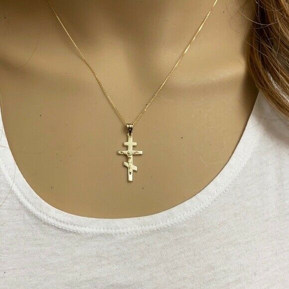 Solid 10k Yellow Gold Russian Orthodox Crucifix Pendant Necklace