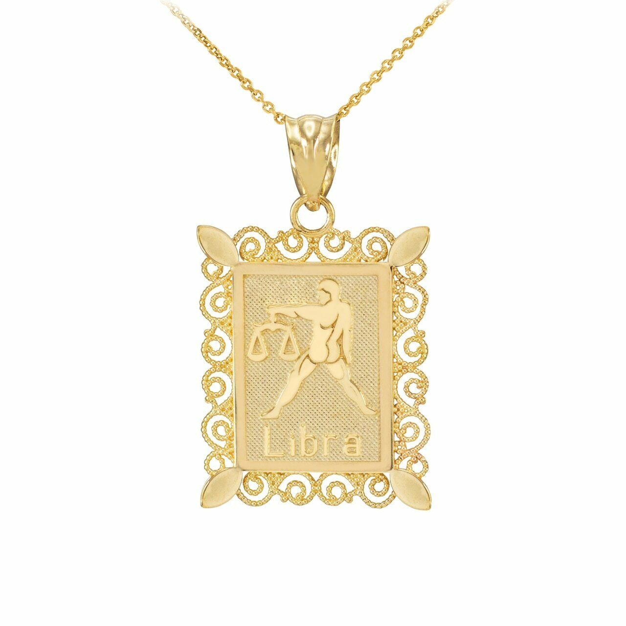 10k Solid Gold Libra Zodiac Sign Filigree Rectangular Pendant Necklace