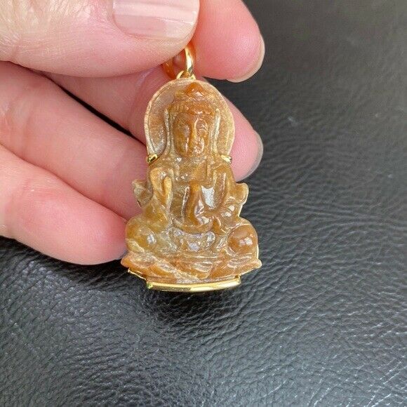 14K Solid Gold Guanyin Kwan Yin Female Buddha Natural Red Jade Pendant