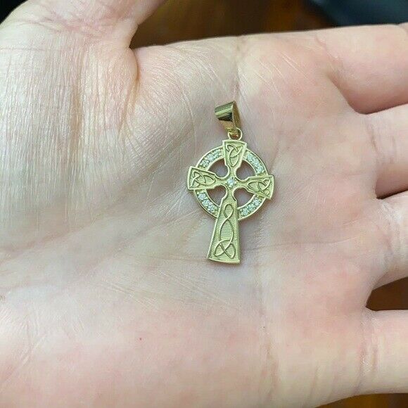Solid 14k White Gold Diamond Trinity Knot Celtic Cross Pendant Necklace