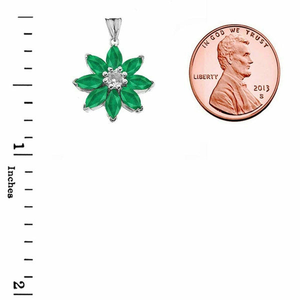Solid 14k White Gold Genuine Emerald and Diamond Daisy Pendant Necklace