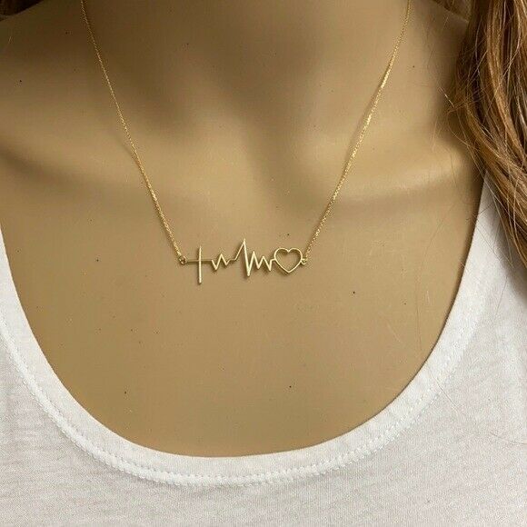 14k Solid Yellow Gold Heart Beat Heartbeat with Cross Pendant Necklace