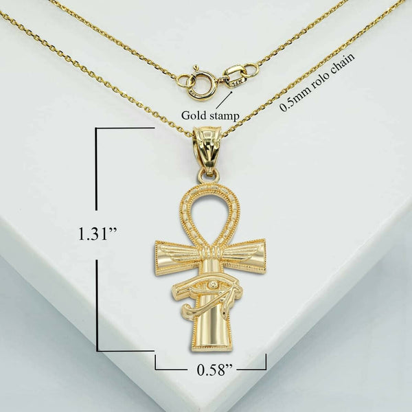 14K Solid Gold Textured Ankh Cross Eye of Horus Pendant Necklace