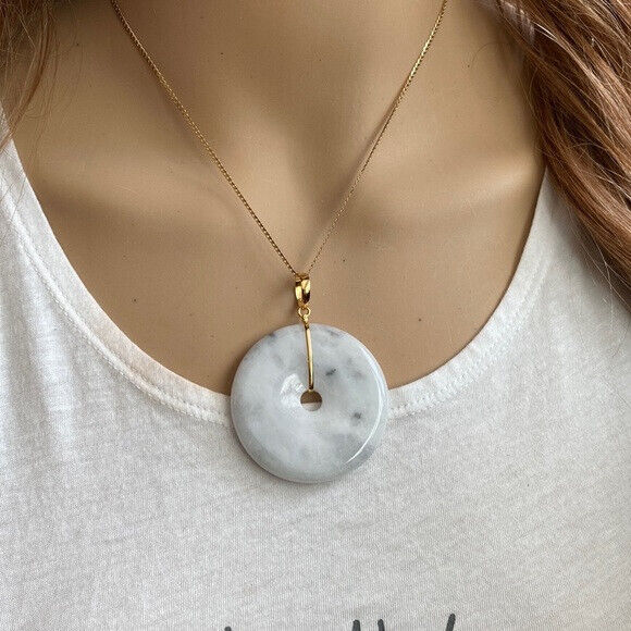 14K Solid Yellow Gold Round Large Donut Natural Jade Pendant Charm White