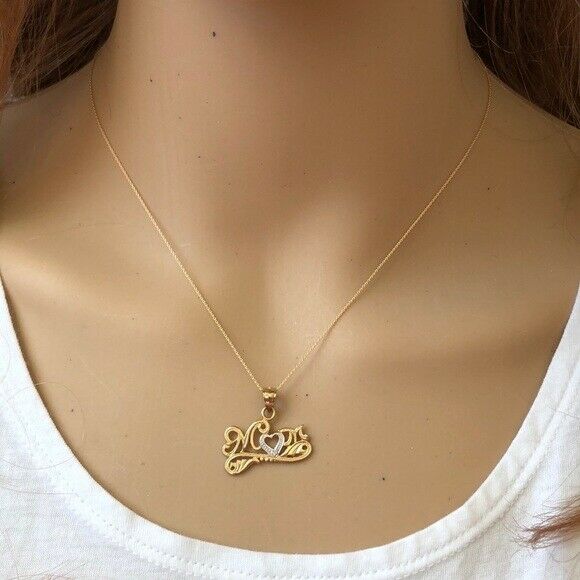 14K Solid Gold Cut Out Mom Heart Pendant Dainty Necklace - Mother's  Gift
