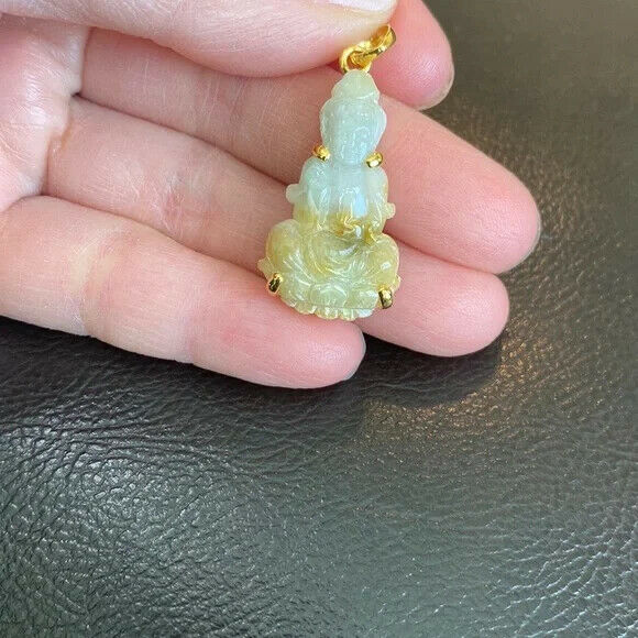 14K Solid Gold Kwan Yin Guanyin Female Buddha Natural Jade Pendant