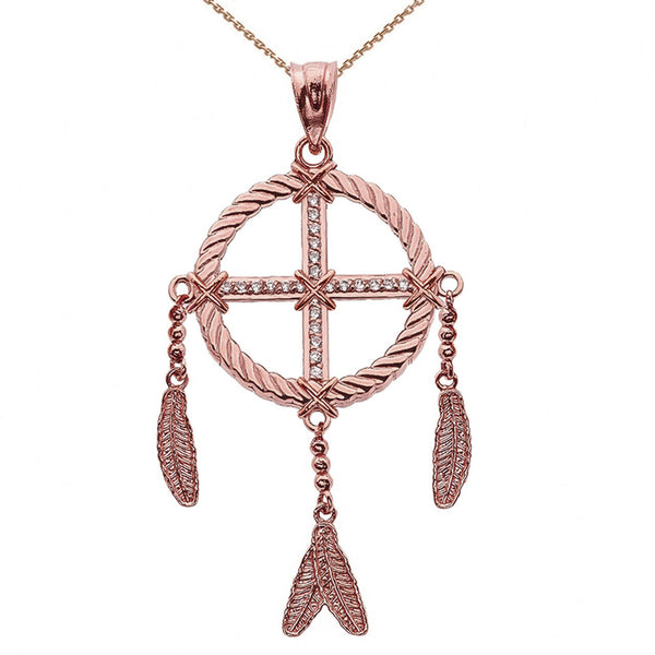 14k Solid Yellow White Rose Gold CZ Dream Catcher Pendant Necklace