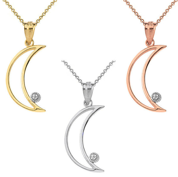 10k or 14k Solid Gold Crescent Moon Arc-Shaped Outline Openwork Pendant Necklace