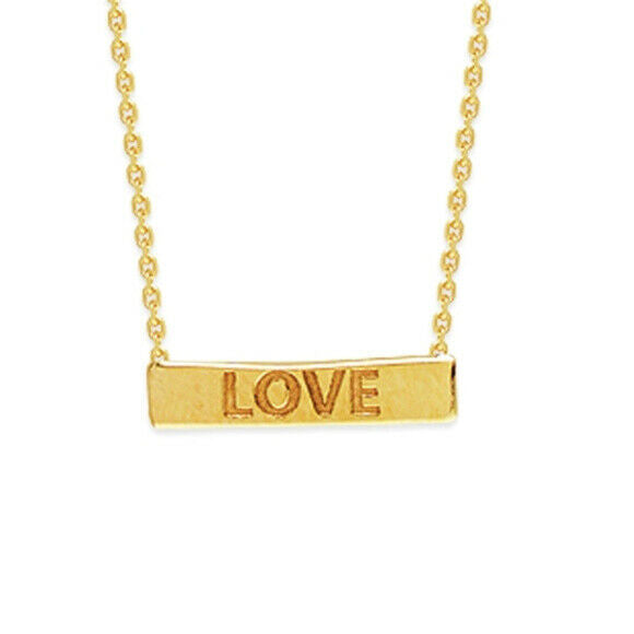 14K Solid Gold Geometric Mini Bar Engraved Love Necklace - Adjustable 16"-18"