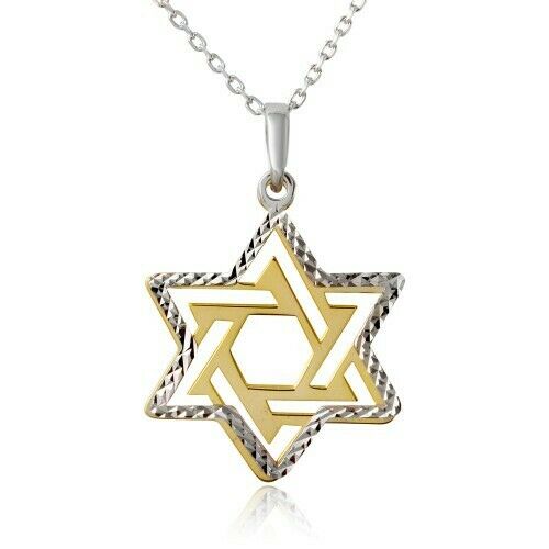 925 Sterling Silver Star Of David Pendant Necklace 16"-18" Adjust 2 tone Pendant