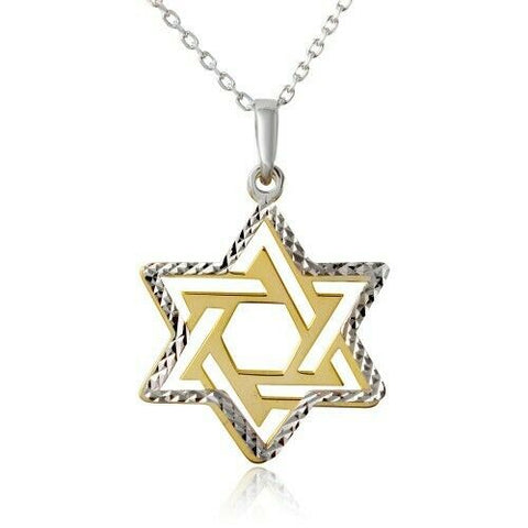 925 Sterling Silver Star Of David Pendant Necklace 16"-18" Adjust 2 tone Pendant