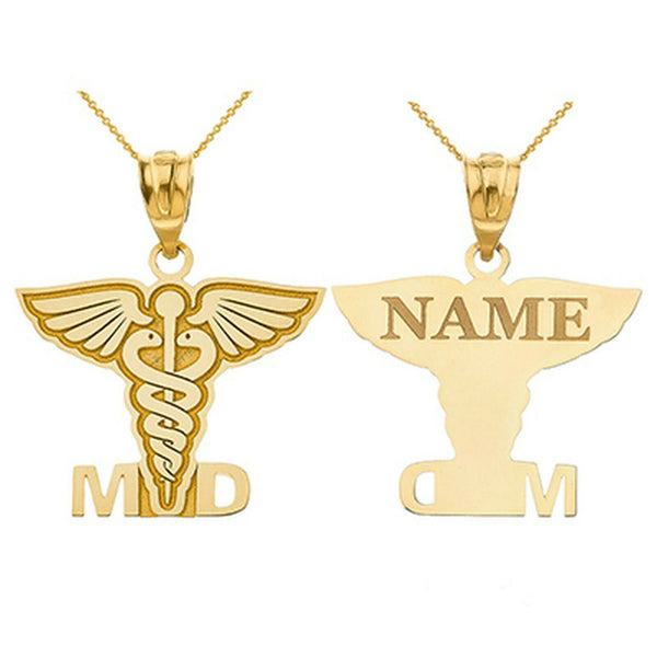 Personalize Name 10k 14k Gold Caduceus MD Medical Doctor Pendant Necklace