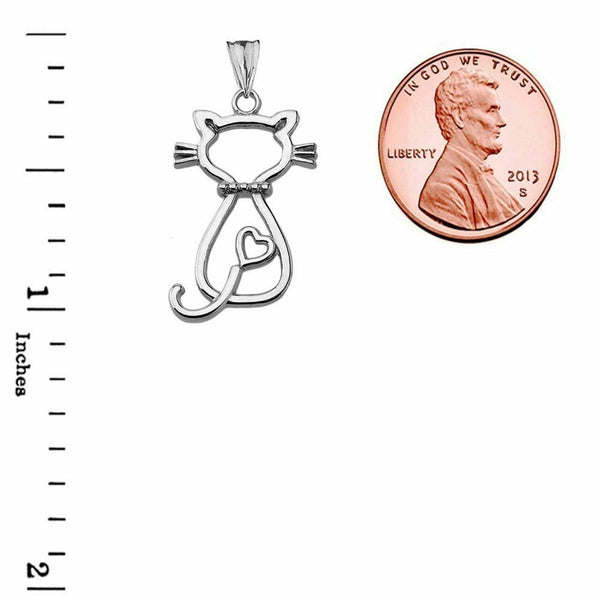 Solid 10k White Gold Openwork Backwards Cat Pendant Necklace