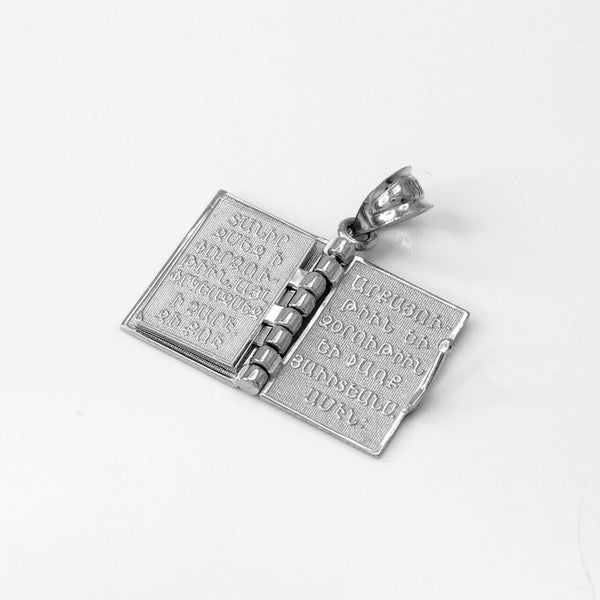 Sterling Silver 3D Armenian Holy Bible Book with Lords Prayer Pendant Necklace