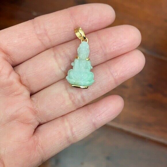 14K Solid Gold Guanyin Kwan Yin Buddha Natural Jade Pendant -Small Kid Size