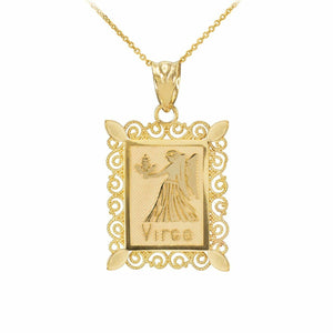 14k Solid Gold Virgo Zodiac Sign Filigree Rectangular Pendant Necklace