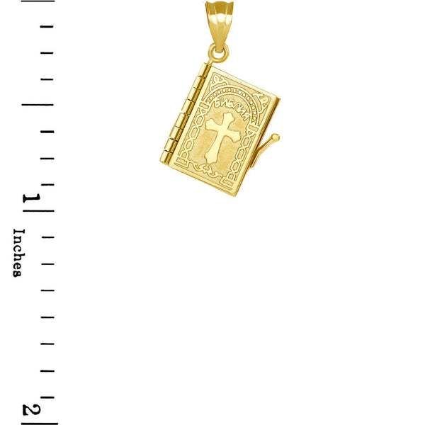 14k Solid Gold 3D Moveable Russian Bible Orthodox Slavonic Pendant Necklace