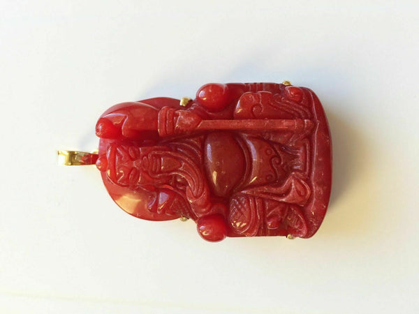 The God of Longevity Red Large Pendant in 18K Yellow Gold