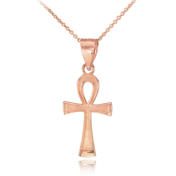 10k Solid Rose Gold Ankh Cross Charm Pendant Necklace