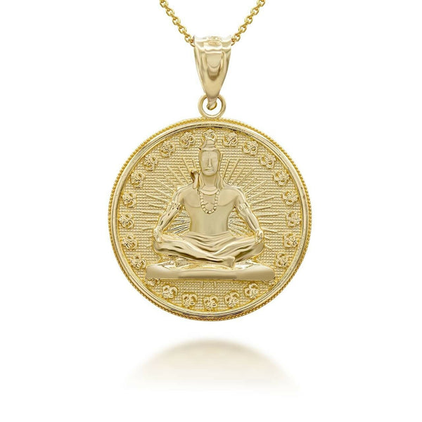 14K Solid Gold Lord Shiva Coin Pendant Necklace - Yellow, Rose, or White