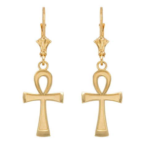 10k Yellow Gold Ancient Egyptian Ankh Cross Drop / Dangle Leverback Earrings