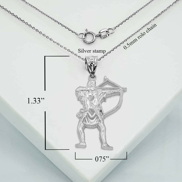 .925 Sterling Silver Archer Bow and Arrow Pendant Necklace