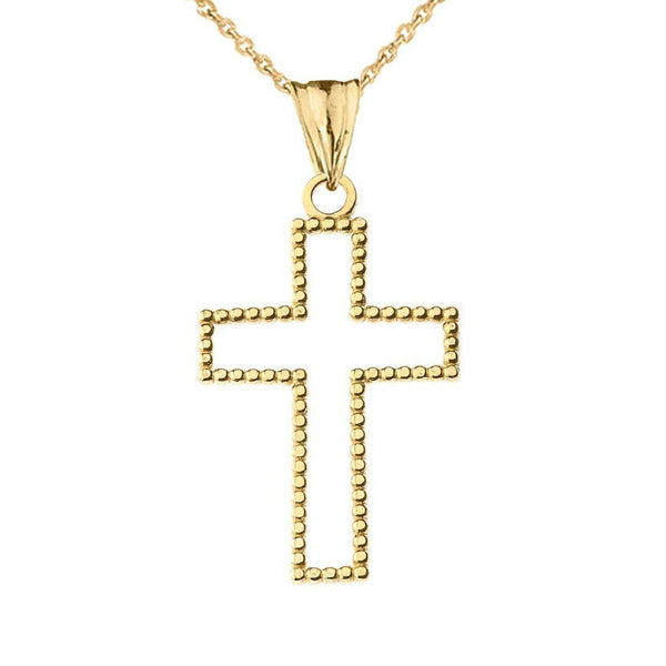 10k or 14k Solid Gold Two Sided Beaded Open Cross 1.2" Pendant Necklace