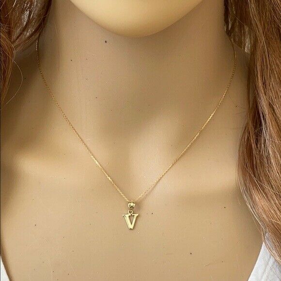 14k Solid Yellow Gold Small Mini Initial Letter V Pendant Necklace