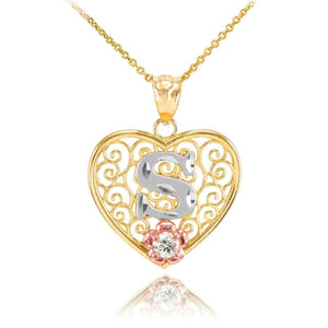 10k Solid Gold Initial Letter S Heart Filigree CZ Pendant Necklace Two Tone