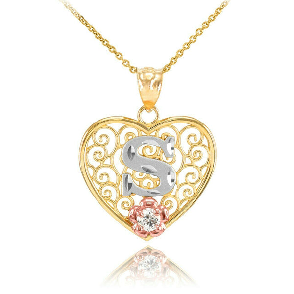 10k Solid Gold Initial Letter S Heart Filigree CZ Pendant Necklace Two Tone