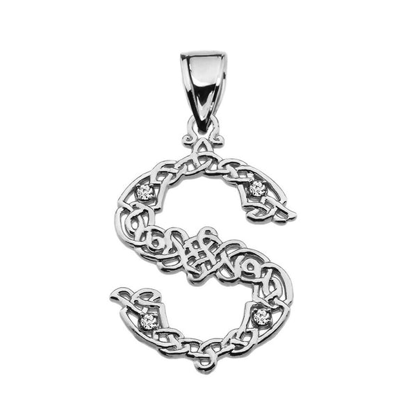 Sterling Silver CZ Celtic Knot Pattern Initial Letter S Pendant Charm Necklace