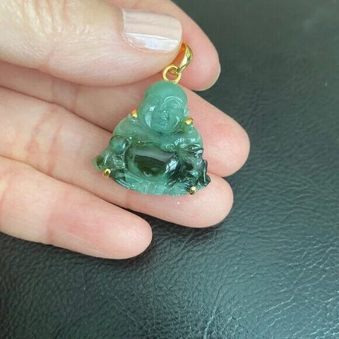 14K Solid Gold Buddhist Laughing Buddha Natural Jade Pendant Small