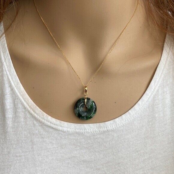 14K Solid Yellow Gold Small Round Donut Natural Jade Pendant Necklace