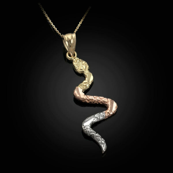 10K Solid Gold Snake Pendant Necklace - Yellow, Rose, or White - Two Tone