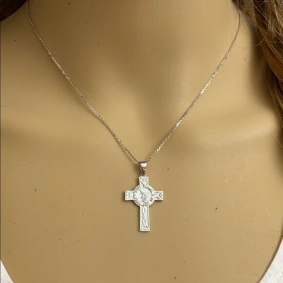 10k White Gold Saint St. Michael Pray For Us Celtic Heart Cross Pendant Necklace