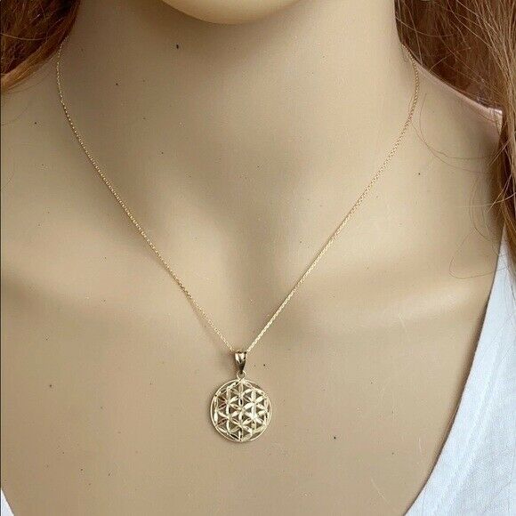 14K Solid White Gold Flower of Life Sacred Geometry Pendant Necklace