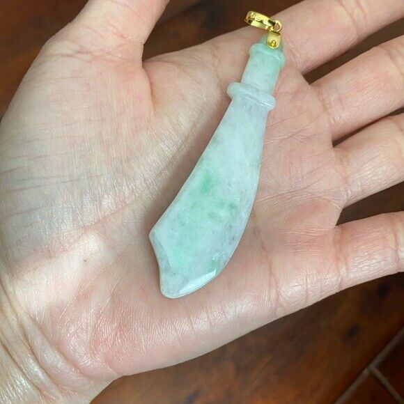 14K Solid Yellow Gold Scimitar Sword Knife Natural Jade Pendant Charm