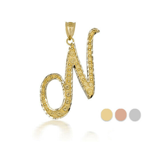 10k Solid Yellow Gold Cursive Initial Letter N Pendant Necklace