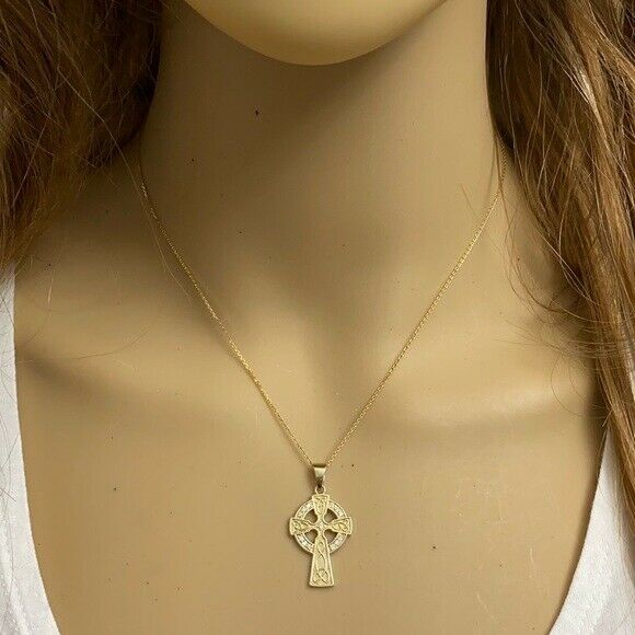 Solid 14k Rose Gold Diamond Trinity Knot Celtic Cross Pendant Necklace
