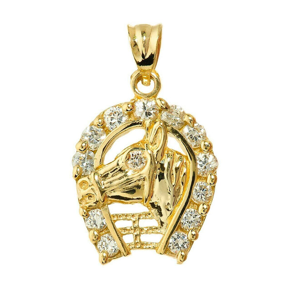 14K Solid Yellow Gold CZ Horseshoe with Horse Head Charm Pendant Necklace