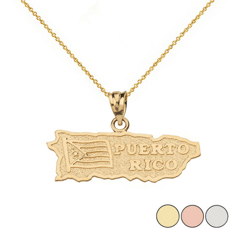 Solid 10k Yellow Gold Puerto Rico Map Flag Pendant Necklace 16" 18" 20" 22"