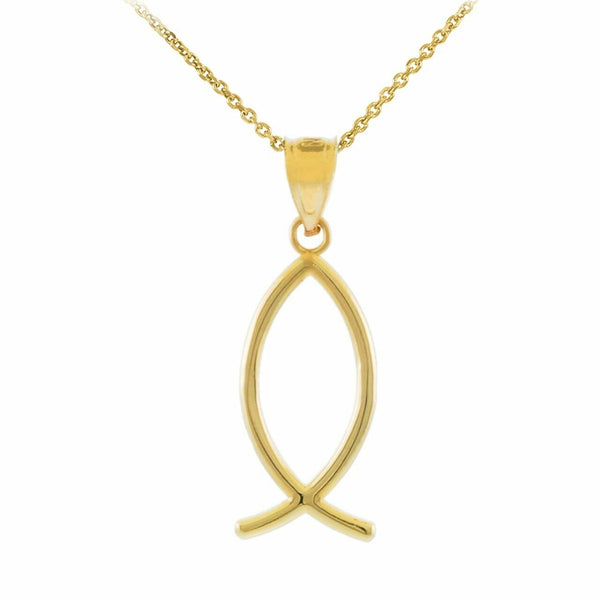 14k Solid Real Yellow Gold Ichthus Jesus Fish Vertical Pendant Necklace