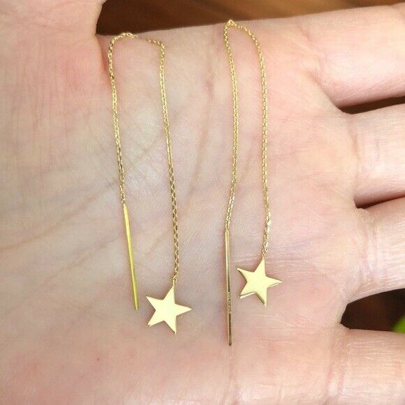 14K Solid Yellow Gold Flat Star Cable Chain Dangle Drop Threader Earrings