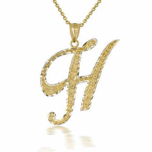 10k Solid Yellow Gold Cursive Initial Letter H Pendant Necklace