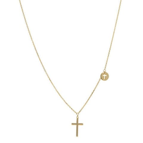 14K Solid Gold Mini Cross Disk Dainty Necklace -16"-18" Minimalist Yellow White